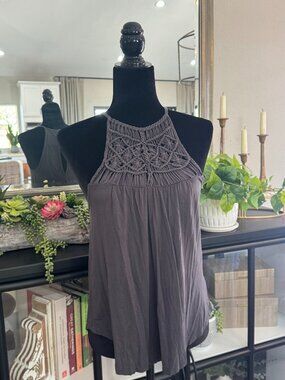 American Eagle Dark Grey "Soft & Sexy"  Knit Tank w/Macrame-like Detail - Size S